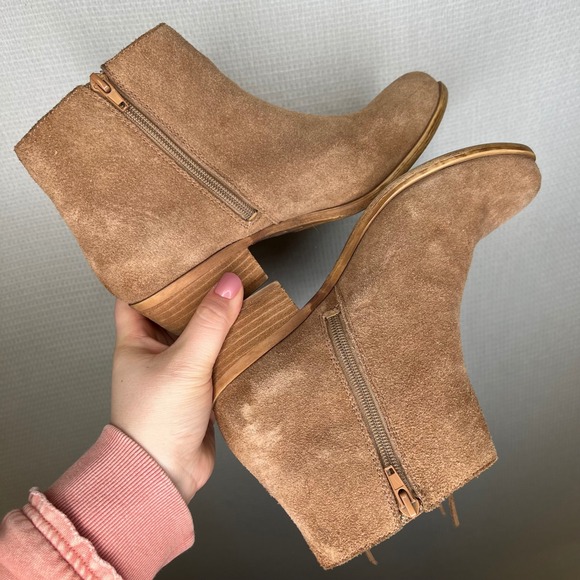 Lucky Brand Tan Suede Fringe Ankle Boots Womens 8.5 M Round Toe Block Heel Boho - Picture 7 of 9
